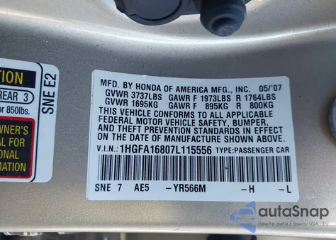 2007 Honda Civic Ex из США, поврежденный, VIN 1HGFA16807L115556